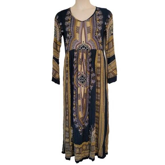 Earthbound Trading Boho Maxi Dress Ethnic Print Flared Sleeves M Blue Green - Picture 1 of 7